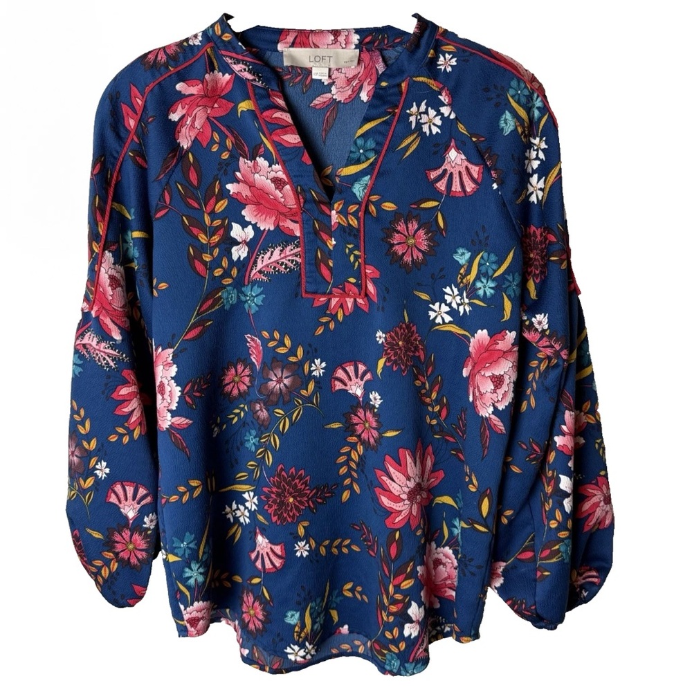 Loft Blouse Size XS Petite Top Long Sleeves V-Neck Floral Blue Red Pink Teal